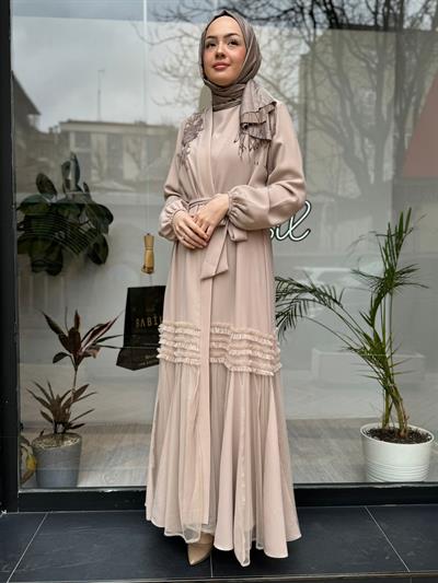 Etek Ucu Tüllü İşleme Detay İkili Abaya Bej