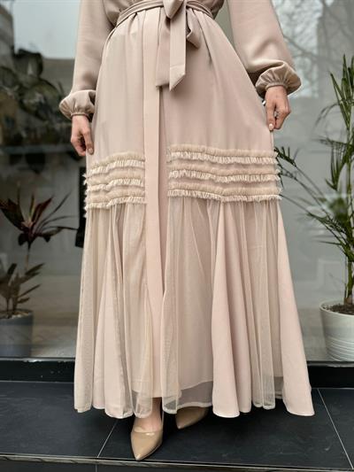 Etek Ucu Tüllü İşleme Detay İkili Abaya Bej