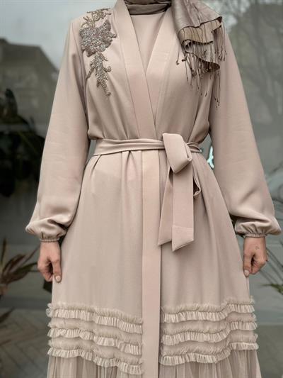 Etek Ucu Tüllü İşleme Detay İkili Abaya Bej