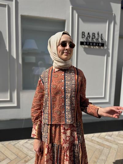 Etnik Desenli Kadın Etek Takım Turuncu