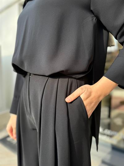 Eva Krep Pileli Plazzo Pantolon Siyah