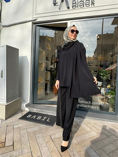 Eva Krep Şal Detaylı Bluz Siyah