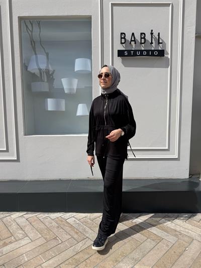 Fermuar Detaylı  Kadın Takım Siyah