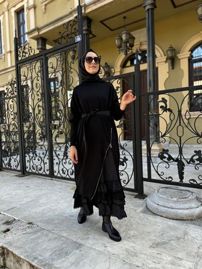 Fermuar Paraşüt Detaylı Triko Tasarım Kadın Elbise Siyah