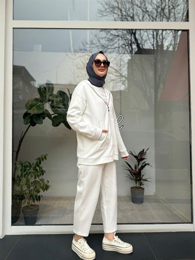 Fermuarlı Basic Kadın Takım Beyaz