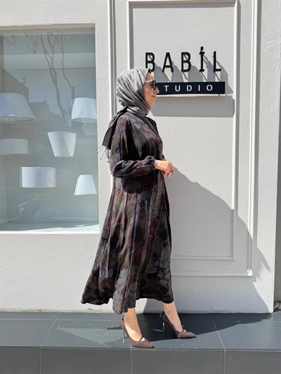 Fermuarlı Detaylı Kadın Elbise ANTRASİT BASKILI