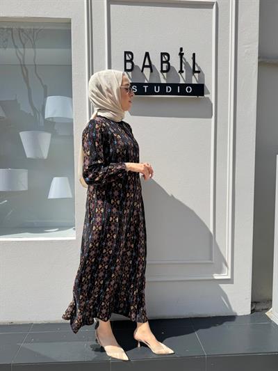 Fermuarlı Detaylı Kadın Elbise DESENLİ BASKILI