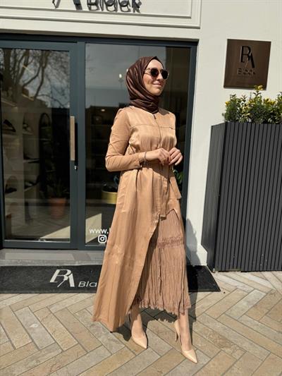 Fermuarlı Fisto Detaylı İkili Kadın Elbise Camel
