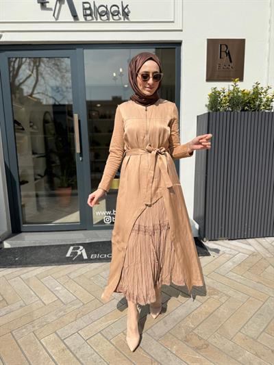 Fermuarlı Fisto Detaylı İkili Kadın Elbise Camel