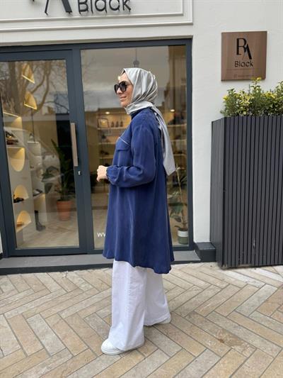 Fermuarlı Gizli Cepli Cupro Kadın Kap Indigo