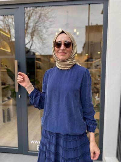 Fisto İşlemeli Kadın Tunik Etek Takım Indigo