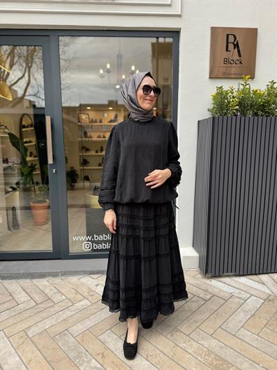 Fisto İşlemeli Kadın Tunik Etek Takım Siyah