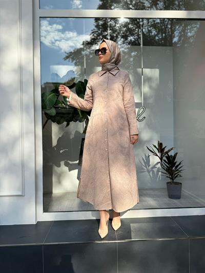 Fisto Taş Düğmeli Uzun Kap Bej