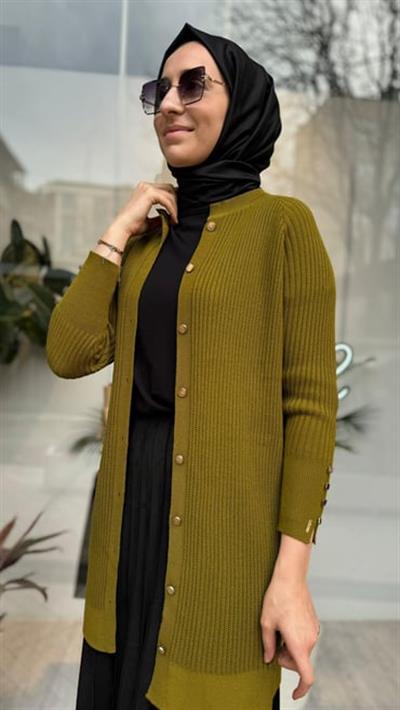 Fitilli Yün Triko Kadın Hırka Yağ Yeşili