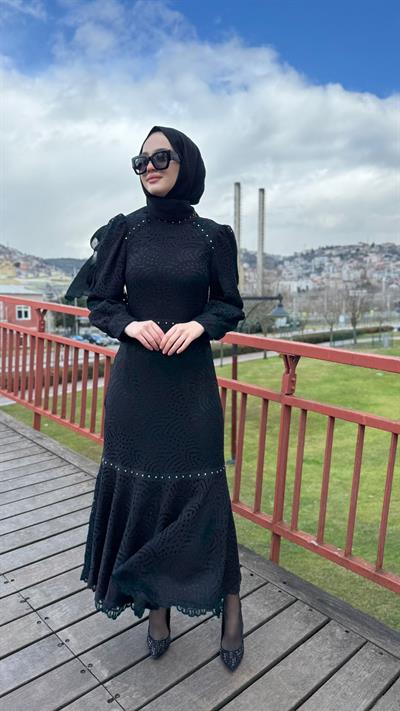 Güpür Dantel Detaylı Kadın Elbise Siyah