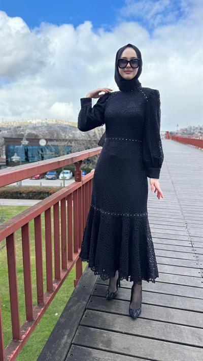 Güpür Dantel Detaylı Kadın Elbise Siyah