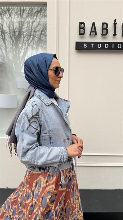 İşleme Detaylı Kadın Ceket Mavi