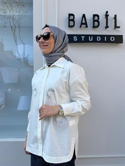 İşleme Detaylı Poplin Kadın Gömlek Beyaz