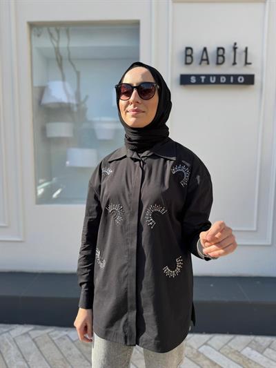 İşleme Detaylı Poplin Kadın Gömlek Siyah