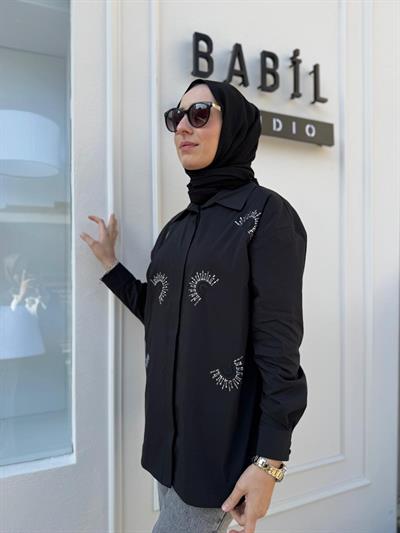 İşleme Detaylı Poplin Kadın Gömlek Siyah