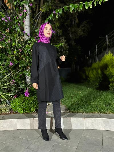 Kabartma Desenli Kadın Tunik Siyah