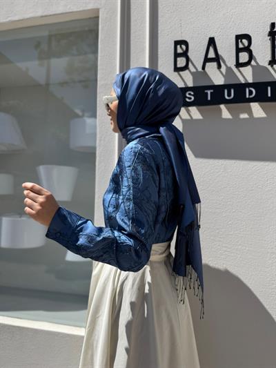 Kabartma Kumaş Detaylı Kadın Elbise Indigo