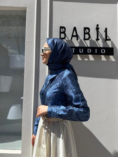 Kabartma Kumaş Detaylı Kadın Elbise Indigo