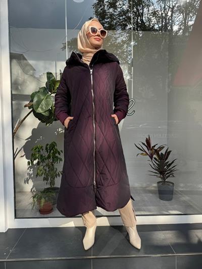 Kapitone Detaylı Kadın Şişme Uzun Mont Mürdüm