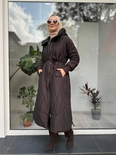 Kapitone Detaylı Kadın Şişme Uzun Mont Kahve