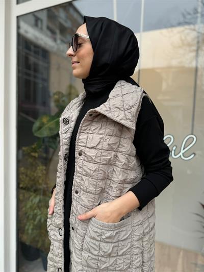 Kapitone Düğmeli Kadın Yelek Açık Kahve
