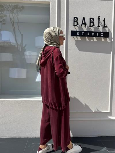 Kapüşonlu Fermuarlı Kadın Takım Bordo