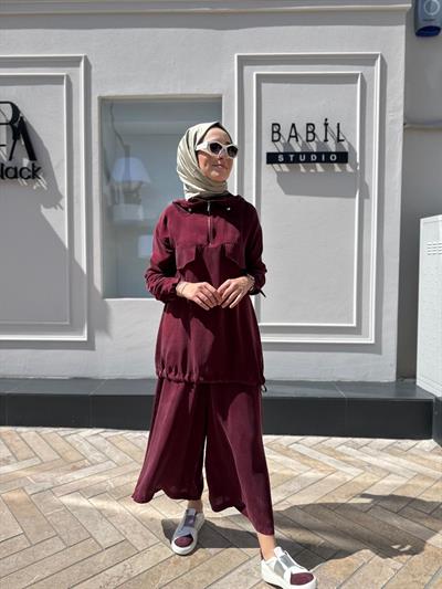 Kapüşonlu Fermuarlı Kadın Takım Bordo