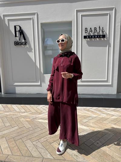 Kapüşonlu Fermuarlı Kadın Takım Bordo