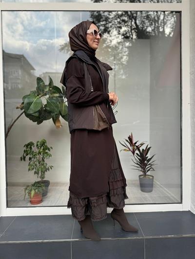 Kaşe Detaylı Şişme Kadın Yelek Kahve