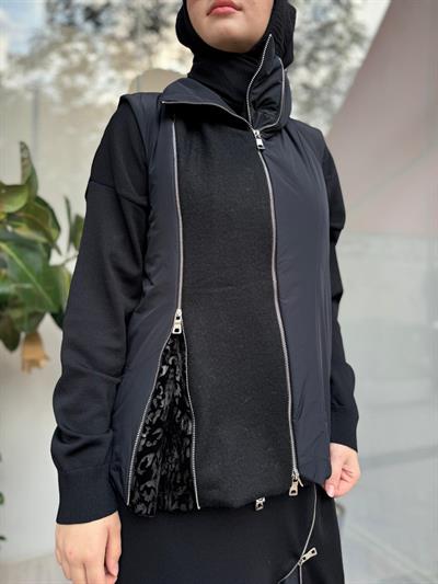Kaşe Detaylı Şişme Kadın Yelek Siyah