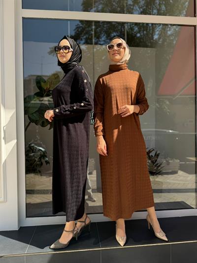 Kaz Ayağı Desen Triko Kadın Elbise Siyah