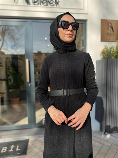 Kazayağı Desenli Kemerli Kadın Elbise Siyah