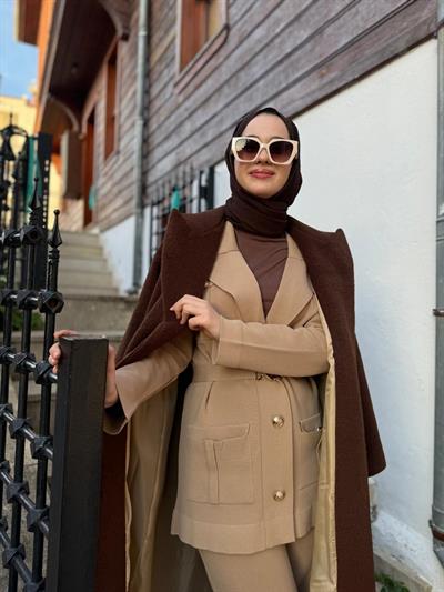 Kemerli Basic Kadın Kaban Kahve