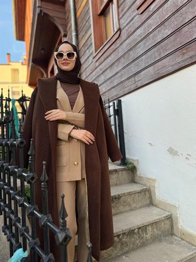 Kemerli Basic Kadın Kaban Kahve