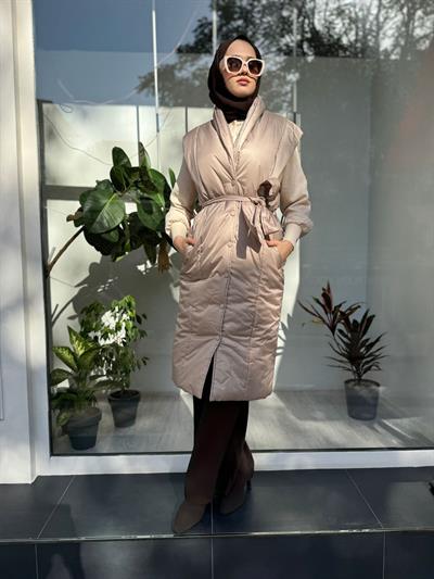 Kemerli Kadın Şişme Yelek Bej