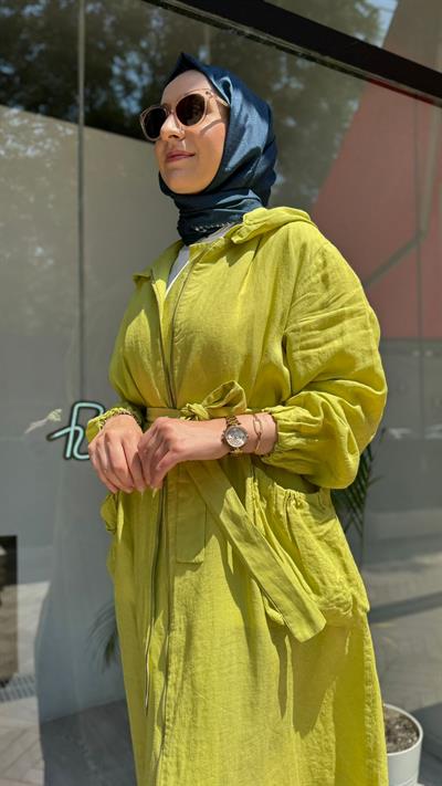 Kemerli Keten Kadın Tasarım Pardesü Sarı