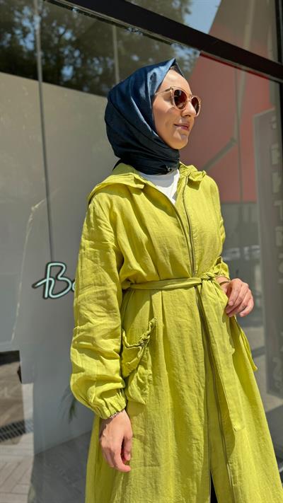 Kemerli Keten Kadın Tasarım Pardesü Sarı