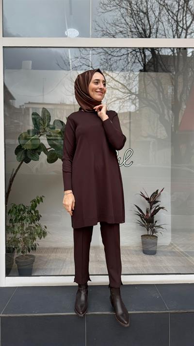Kendinden Çizgili Kadın Tunik Kahve