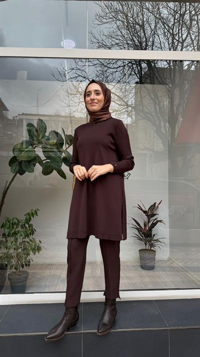 Kendinden Çizgili Kadın Tunik Kahve