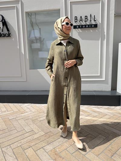 Kendinden Desenli Cıt Cıt Kadın Kap Haki Yeşil