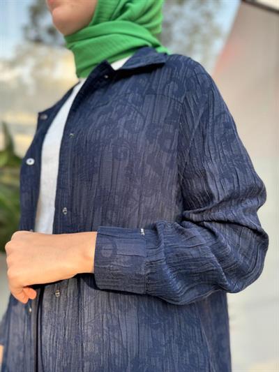 Kendinden Desenli Hakim Yaka Kadın Kap Indigo