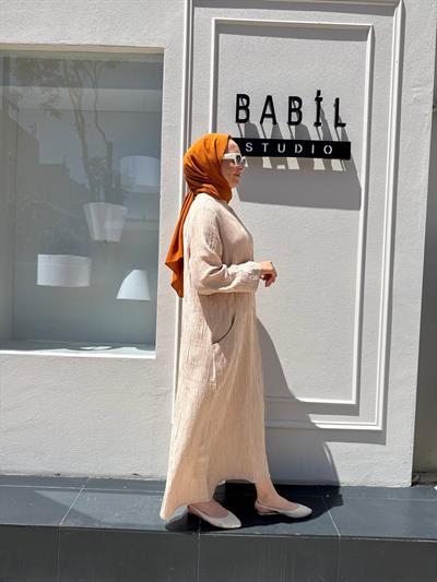 Kendinden Desenli Kadın Elbise Bej