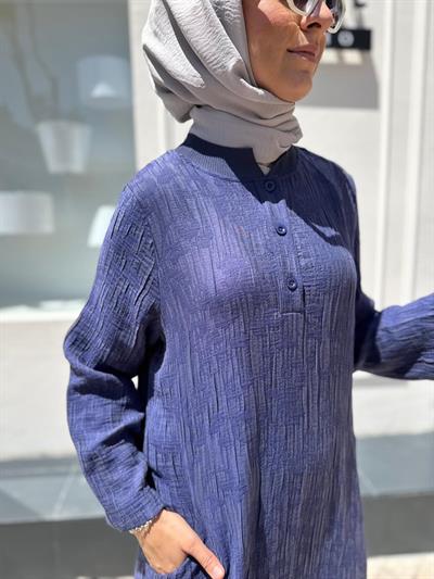 Kendinden Desenli Kadın Elbise Indigo