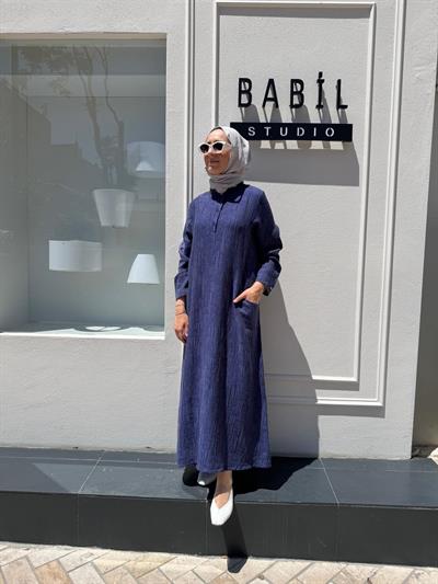 Kendinden Desenli Kadın Elbise Indigo