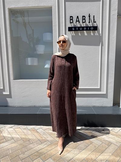 Kendinden Desenli Kadın Elbise Kahve